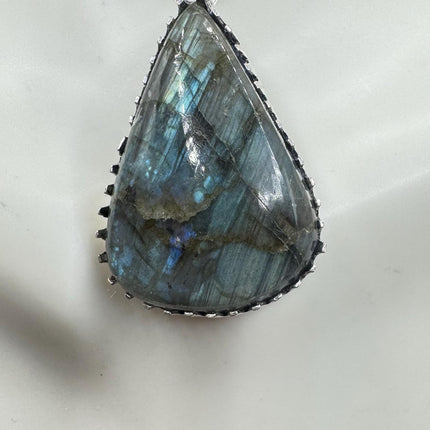 Vintage Silver Bronze Rainbow Labradorite Black Velvet Choker Pendant Necklace