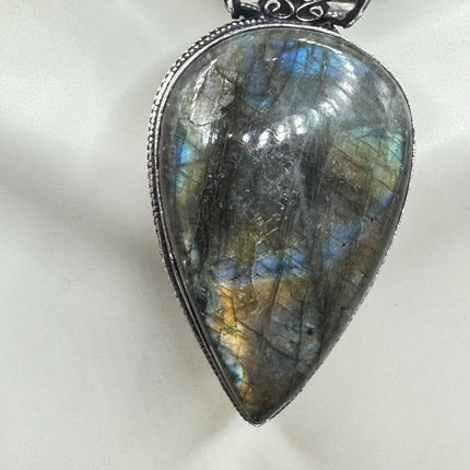 Vintage Silver Bronze Rainbow Labradorite Black Velvet Choker Pendant Necklace