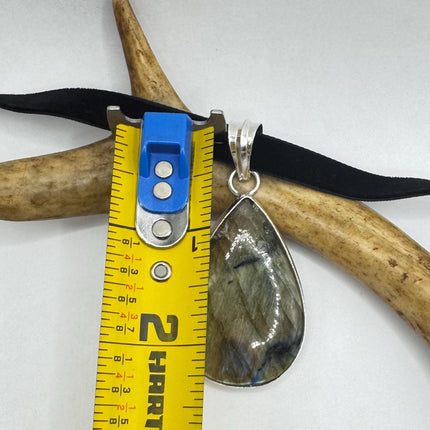 Vintage Silver Bronze Rainbow Labradorite Black Velvet Choker Pendant Necklace