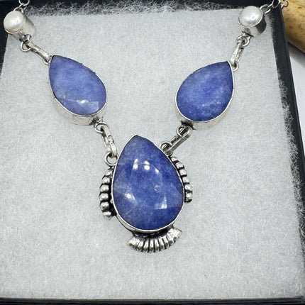 Vintage Raw Blue Sapphire Silver Boho Statement Necklace