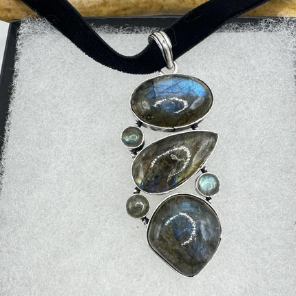 Vintage Silver Bronze Rainbow Labradorite Black Velvet Choker Pendant Necklace