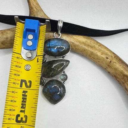 Vintage Silver Bronze Rainbow Labradorite Black Velvet Choker Pendant Necklace