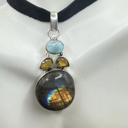 Vintage Silver Bronze Rainbow Labradorite Black Velvet Choker Pendant Necklace