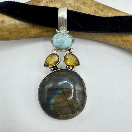 Vintage Silver Bronze Rainbow Labradorite Black Velvet Choker Pendant Necklace