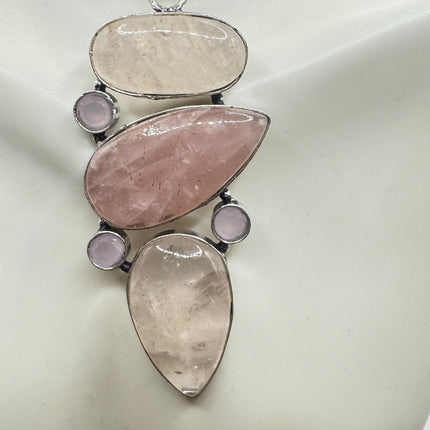 Vintage Pink Rose Quartz Boho Black Velvet Choker Silver Necklace - oval shape