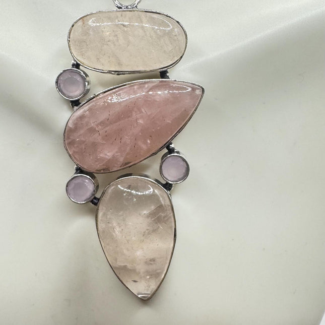 Vintage Pink Rose Quartz Boho Black Velvet Choker Silver Necklace - oval shape