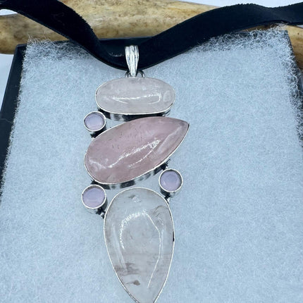 Vintage Pink Rose Quartz Boho Black Velvet Choker Silver Necklace - oval shape