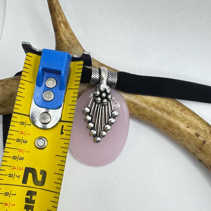 Vintage Pink Rose Quartz Boho Black Velvet Choker Silver Necklace - oval shape