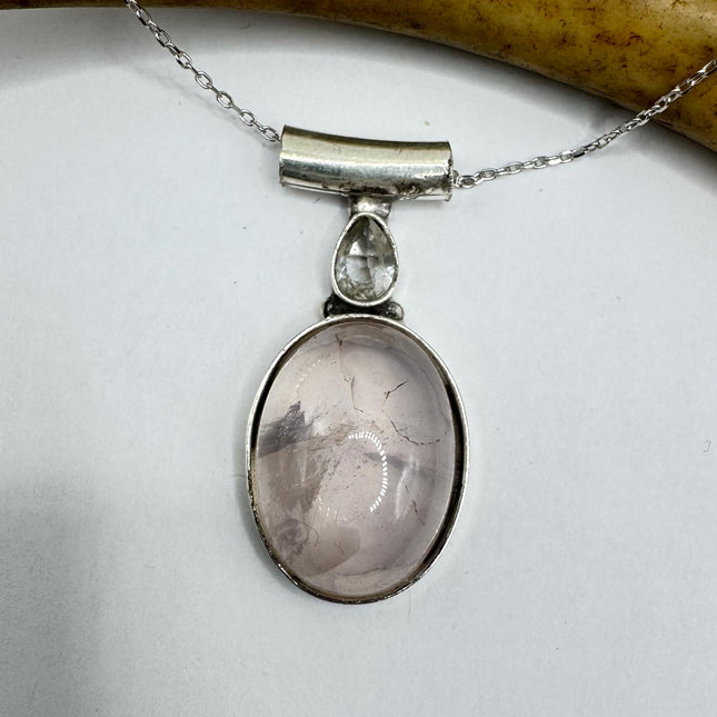 Vintage Pink Rose Quartz Boho Silver Necklace - oval shape