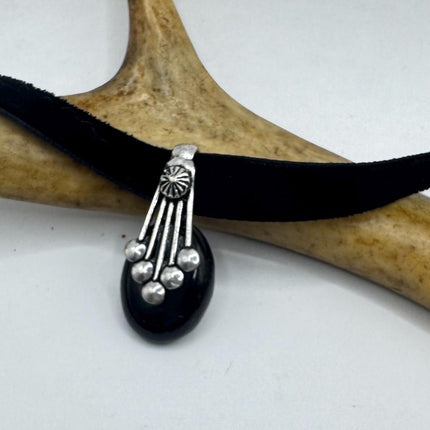 Vintage Black Onyx Pendant Ribbon Choker Necklace Silver Bronze Necklace Statement