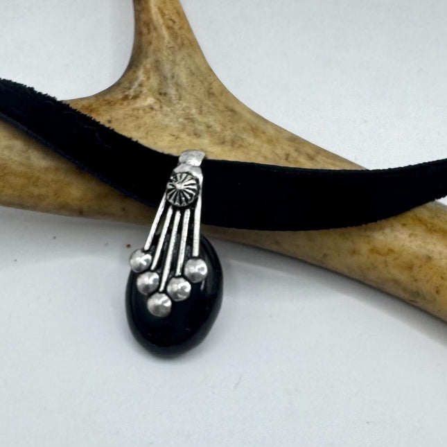 Vintage Black Onyx Pendant Ribbon Choker Necklace Silver Bronze Necklace Statement