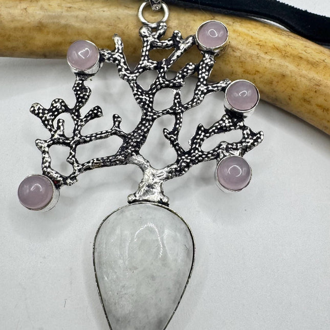 Vintage Silver Bronze Rainbow Moonstone Rose Quartz Black Velvet Choker Pendant Necklace