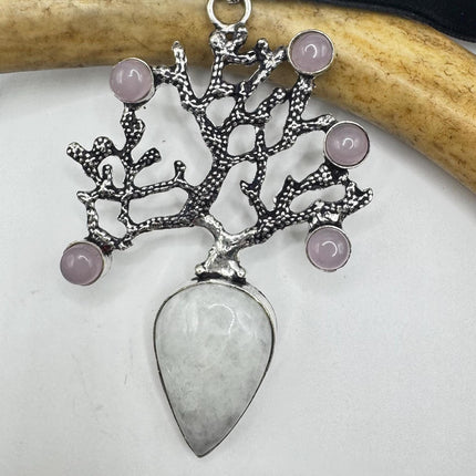 Vintage Silver Bronze Rainbow Moonstone Rose Quartz Black Velvet Choker Pendant Necklace