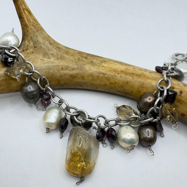 Vintage Citrine and Pearl charm bracelet Chunky Stackable Layered Every day 925 Sterling Silver
