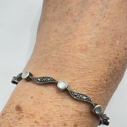 Vintage white Bracelet mother Pearl Set with marcasite in 925 Sterling Silver