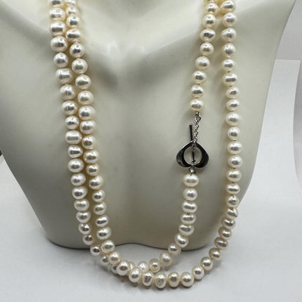 Vintage Pearl Necklace | Elegant Hand Knotted White Pearl Gemstones 925 Sterling Silver Heart Toggle 32 Inch Opera Length Necklace