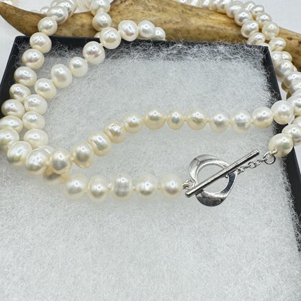 Vintage Pearl Necklace | Elegant Hand Knotted White Pearl Gemstones 925 Sterling Silver Heart Toggle 32 Inch Opera Length Necklace