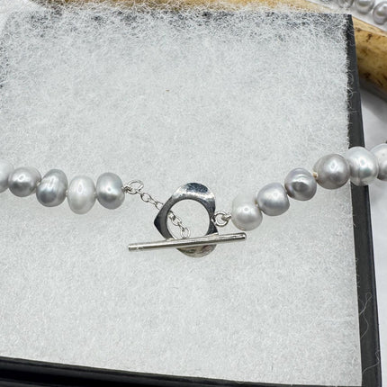 Elegant Gray Pearl Necklace - Sterling Silver Heart Toggle Hand Knotted Vintage 22 inches - Everyday Minimal