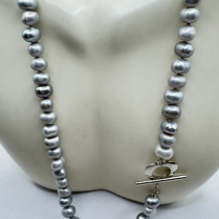 Elegant Gray Pearl Necklace - Sterling Silver Heart Toggle Hand Knotted Vintage 22 inches - Everyday Minimal