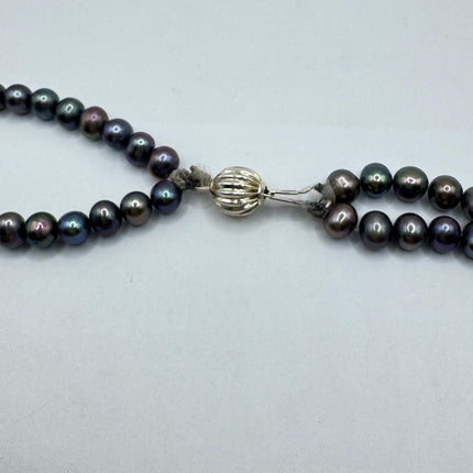 Elegant Peacock Black Pearl Necklace - Sterling Silver Hand Knotted Vintage 28 inches - Everyday Minimal