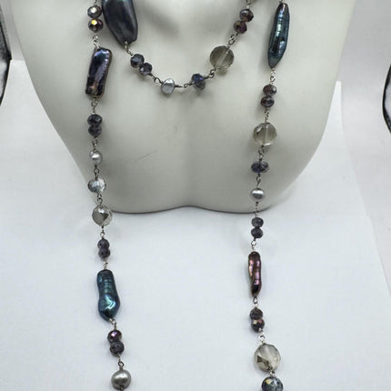 Elegant Peacock Black Pearl Necklace - Sterling Silver Hand Knotted Vintage 38 inches - Everyday Minimal