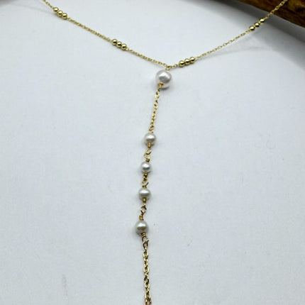 Vintage Pearl Y Necklace Elegant White Pearl Gemstones Gold 925 Sterling Silver 18 inch
