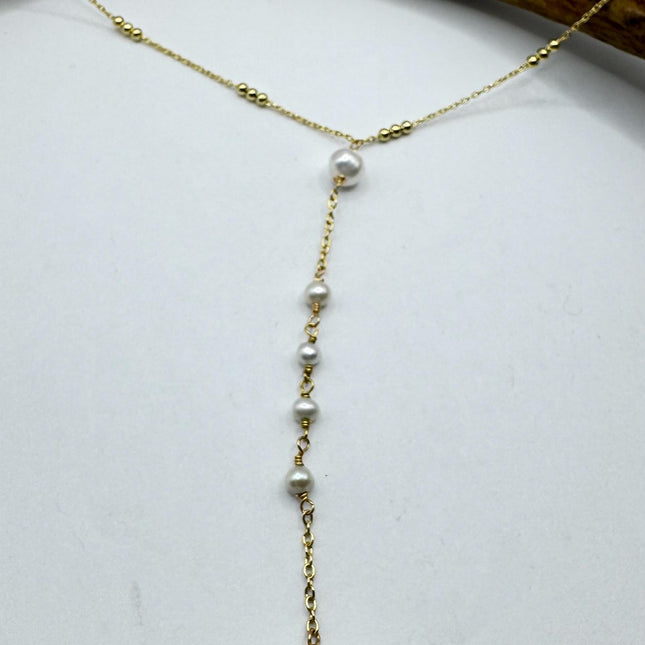 Vintage Pearl Y Necklace Elegant White Pearl Gemstones Gold 925 Sterling Silver 18 inch