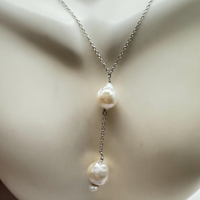 Vintage Pearl Y Necklace Elegant White Pearl Gemstones Gold 925 Sterling Silver 18 inch