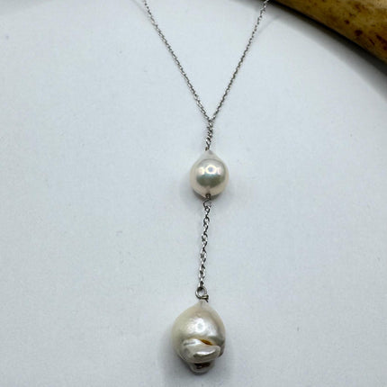 Vintage Pearl Y Necklace Elegant White Pearl Gemstones Gold 925 Sterling Silver 18 inch