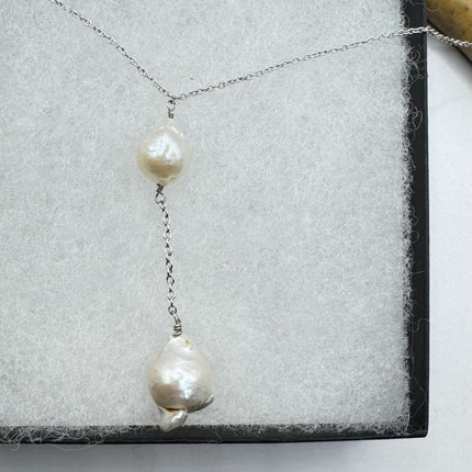 Vintage Pearl Y Necklace Elegant White Pearl Gemstones Gold 925 Sterling Silver 18 inch