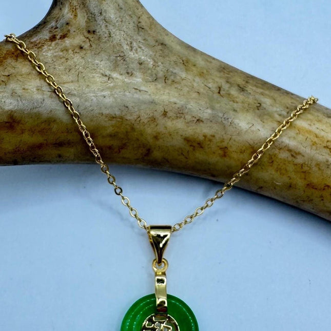 Vintage Green Jade Tiny Lucky Calligraphy Pendant Necklace Minimal simple every day layering gold 925 Sterling Silver Chain
