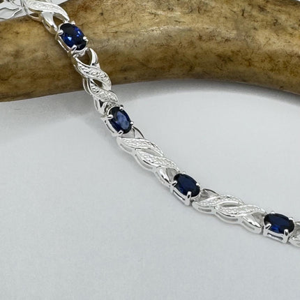 Vintage Tennis Bracelet Blue Sapphire and Diamond Chip Set in 925 Sterling Silver
