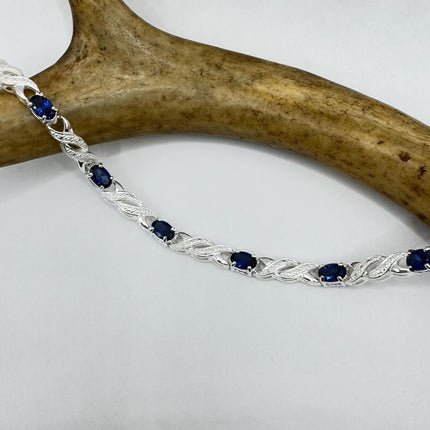 Vintage Tennis Bracelet Blue Sapphire and Diamond Chip Set in 925 Sterling Silver