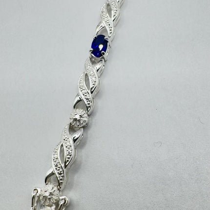 Vintage Tennis Bracelet Blue Sapphire and Diamond Chip Set in 925 Sterling Silver