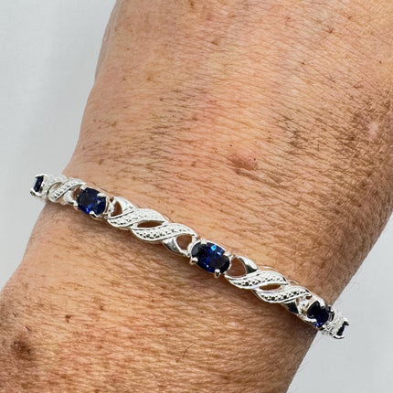 Vintage Tennis Bracelet Blue Sapphire and Diamond Chip Set in 925 Sterling Silver
