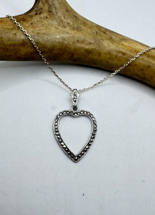 Vintage Marcasite Heart Necklace Dainty 925 Sterling Silver Chain, Delicate Design