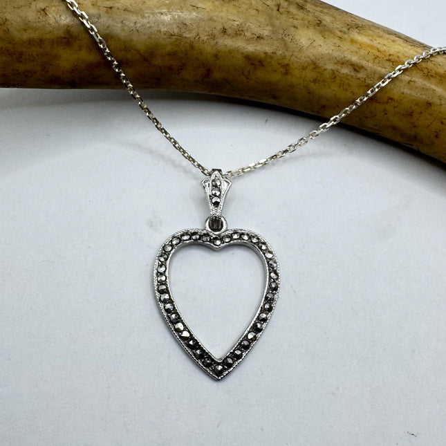 Vintage Marcasite Heart Necklace Dainty 925 Sterling Silver Chain, Delicate Design