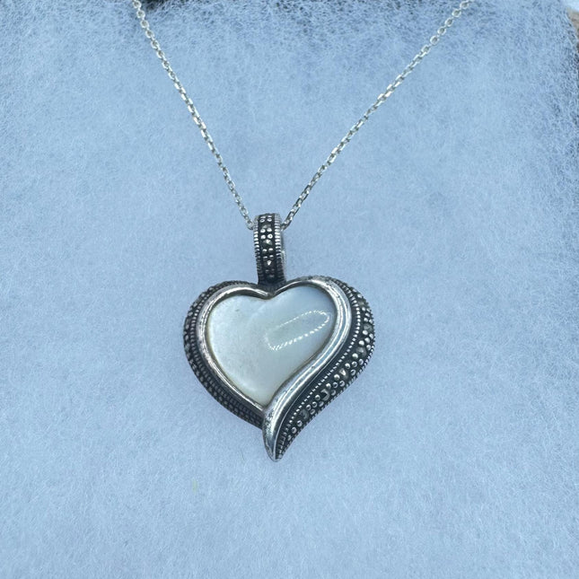 Vintage Marcasite Heart Necklace Dainty 925 Sterling Silver Chain, Delicate Design