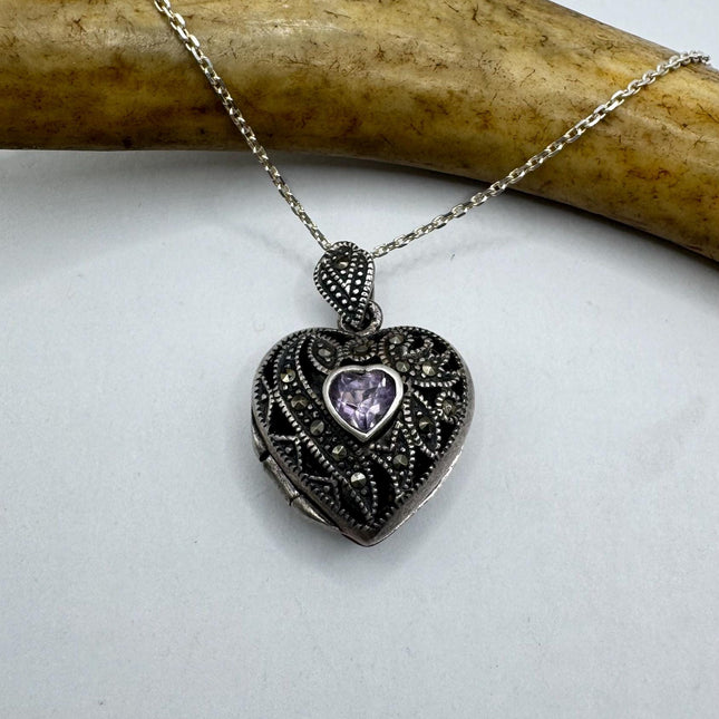 Vintage Marcasite purple amethyst Heart Necklace Dainty 925 Sterling Silver Chain, Delicate Design