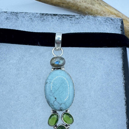 Vintage Blue Larimar Choker Necklace - Bronze and Silver Finish - Unique Velvet Ribbon Design