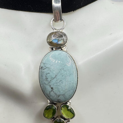Vintage Blue Larimar Choker Necklace - Bronze and Silver Finish - Unique Velvet Ribbon Design