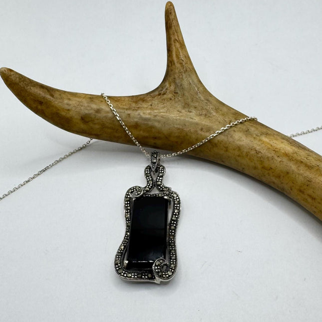 vintage Black Onyx marcasite Pendant Ribbon Choker Necklace | 925 Sterling Silver Necklace