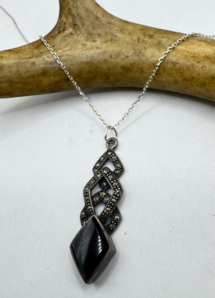 Vintage Black Onyx Marcasite Choker Necklace - 925 Sterling Silver Gemstone Pendant Necklace