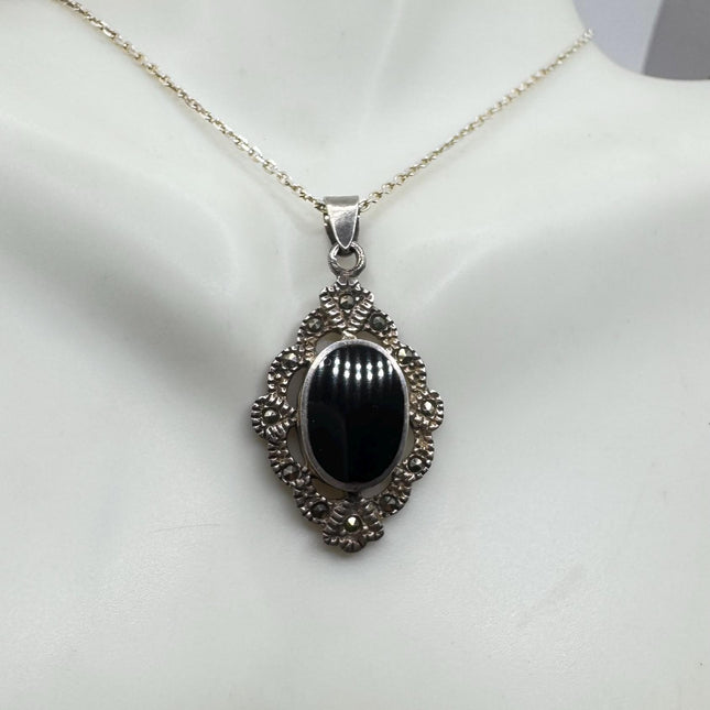 Vintage Black Onyx Marcasite Choker Necklace - 925 Sterling Silver Gemstone Pendant Necklace