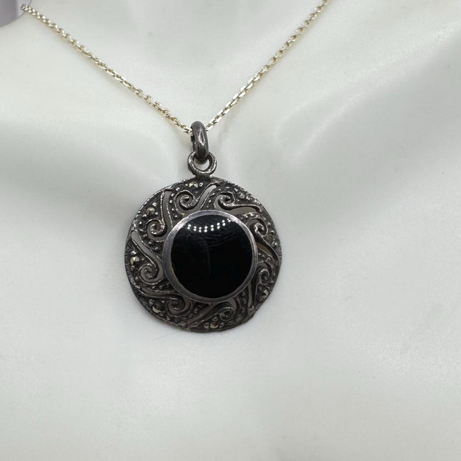 Vintage Black Onyx Marcasite Choker Necklace - 925 Sterling Silver Gemstone Pendant Necklace