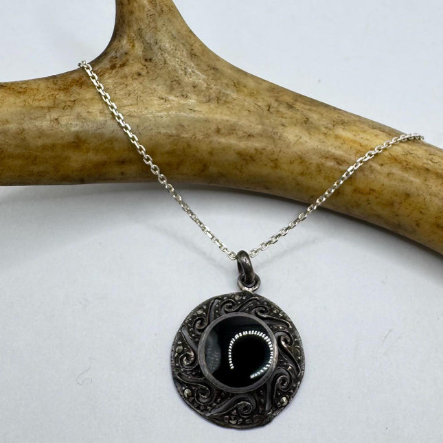 Vintage Black Onyx Marcasite Choker Necklace - 925 Sterling Silver Gemstone Pendant Necklace
