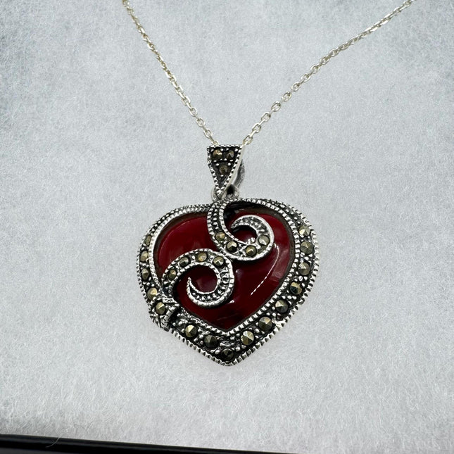 Vintage Marcasite Red Carnelian Heart Necklace Dainty 925 Sterling Silver Chain, Delicate Design