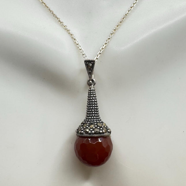Vintage Marcasite Red Carnelian Necklace Dainty 925 Sterling Silver Chain, Delicate Design