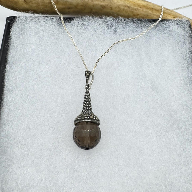 Vintage Marcasite Smoky Topaz Necklace Dainty 925 Sterling Silver Chain, Delicate Design