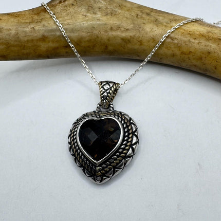 Vintage Smoky Topaz Heart Necklace Dainty 925 Sterling Silver Chain, Delicate Design
